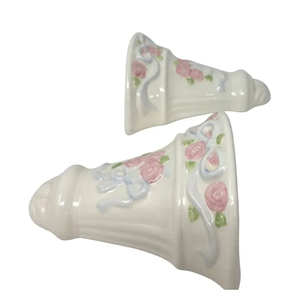 Pair Vintage Ceramic Wall Pocket Vases Pink Roses Blue Bows Cottage Decor